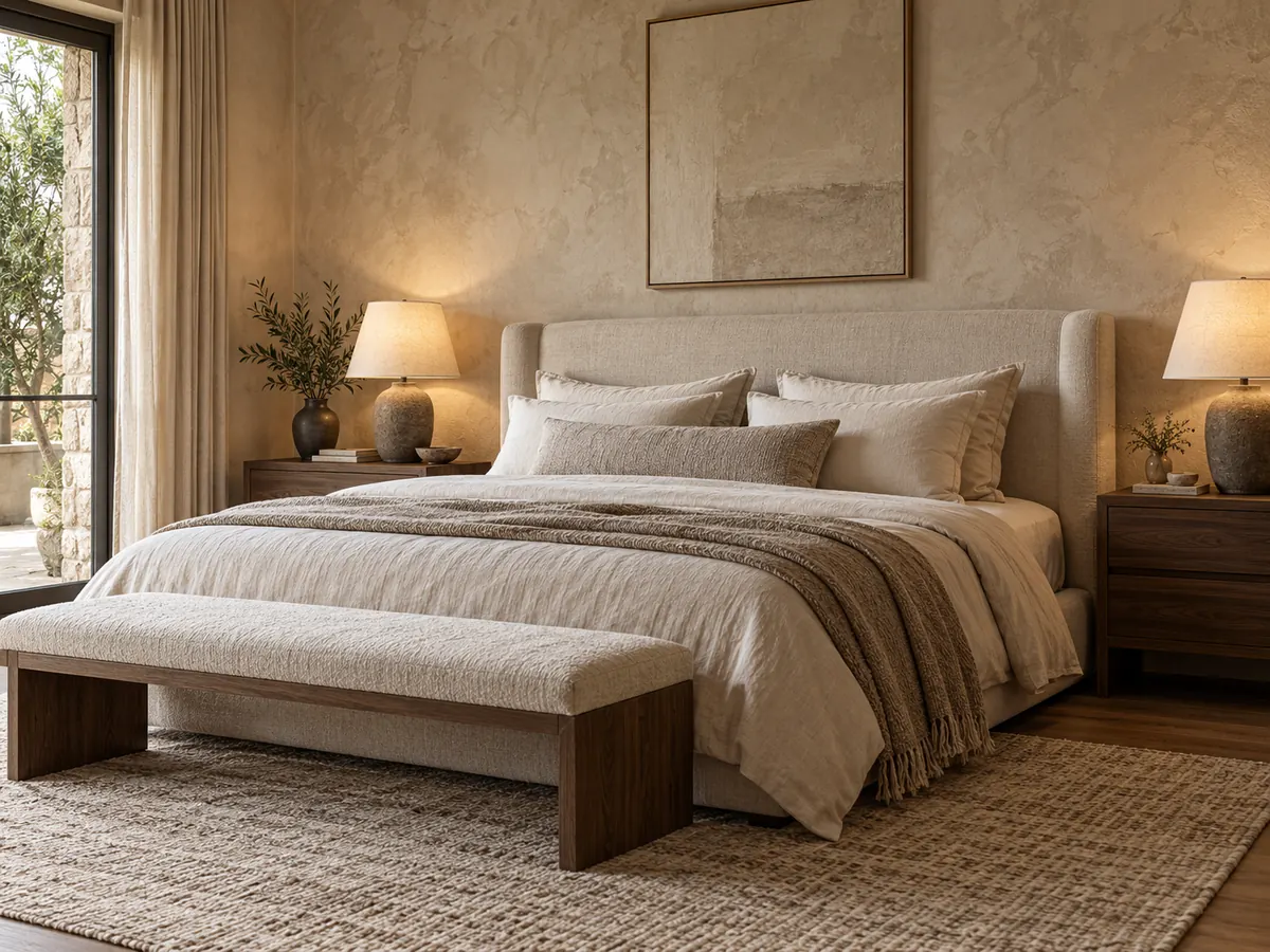 Serene premium bedroom with an upholstered linen bed