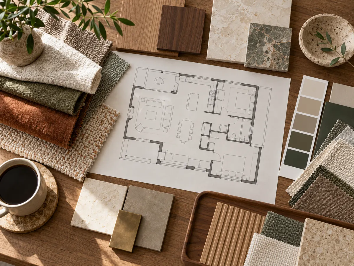 Interior designer's desk with fabric and material samples