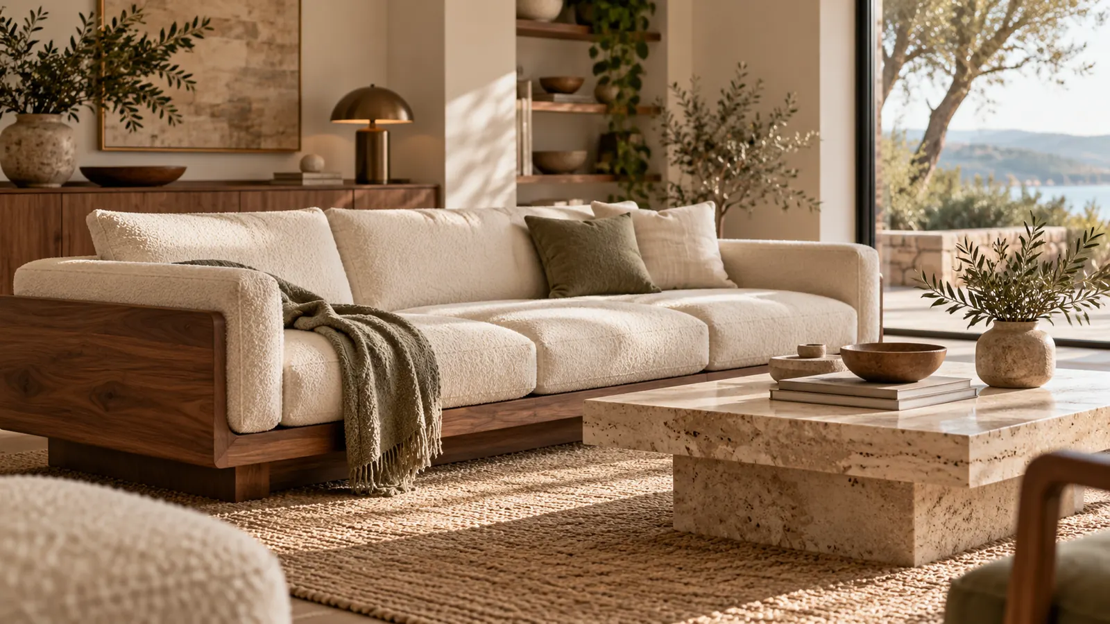 Premium modern living room with a walnut sofa and natural light