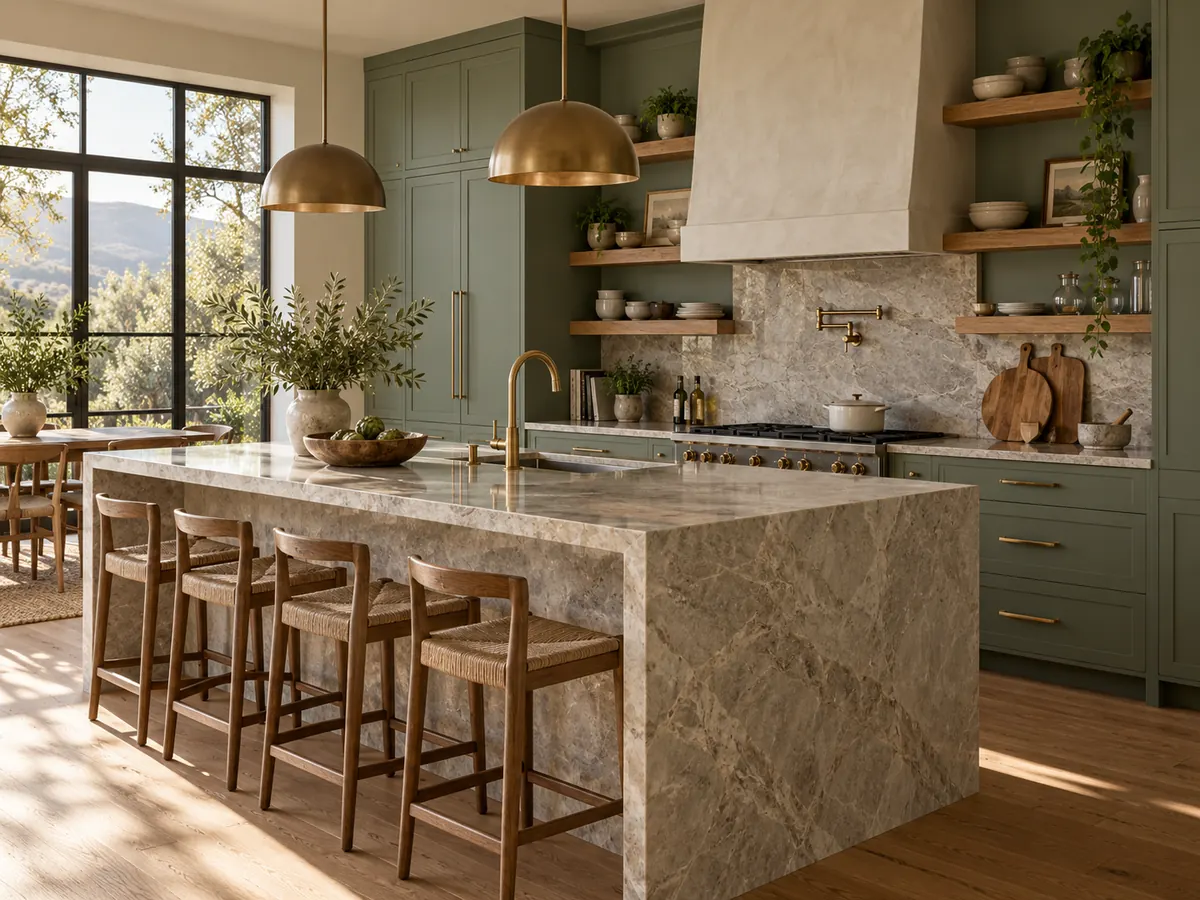 Custom kitchen with green cabinetry and a stone island